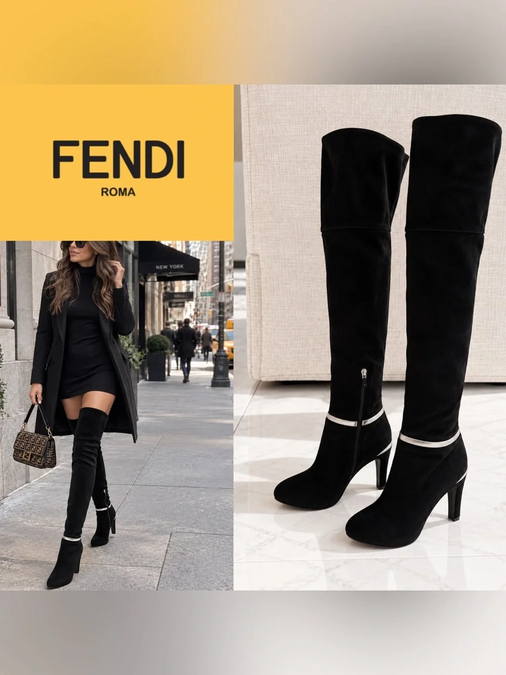 Fendi Black Suede Over-the-Knee Fold-Over Boots – Size 39.5 with silver trim